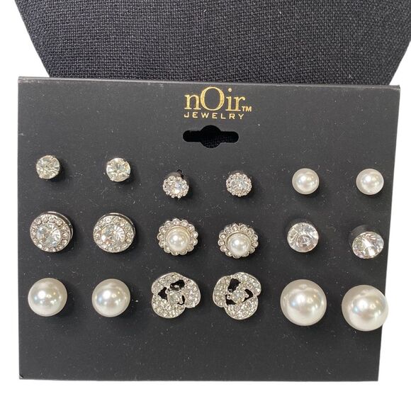 nOir Jewelry 9 Piece Set Post Stud Pearl Rhinestone Pierced Earrings Silver-Tone